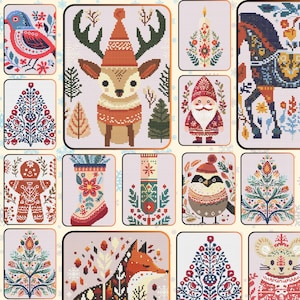 May include: A collection of cross-stitch patterns featuring various holiday-themed designs. The patterns include a reindeer, a bird, a gnome, a fox, a mouse, and other festive elements in a folk art style. The color palette includes red, orange, blue, and green.