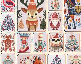 Set of 14 Christmas ornament cross stitch pattern, Christmas tree, Santa, deer, gingerbread, winter tiny cross stitch chart