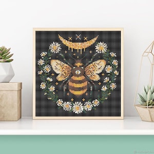 Bee cross stitch pattern, Gothic Bee Chart, Honey bee pattern, Garden floral nature cross stitch, Bee embroidery, Gothic cross stitch PDF
