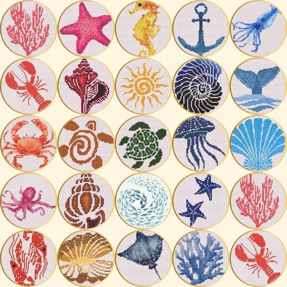 Set of 23 Sea creatures cross stitch patterns, Ocean animals cross stitch chart, Sea small tiny patterns, Whale turtle jellyfish embroidery