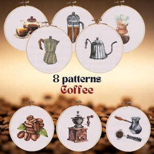 Peut inclure: Huit motifs de broderie pour point de croix sur le thème du café. Les motifs comprennent une cafetière, un moulin à café, une tasse de café et des grains de café.