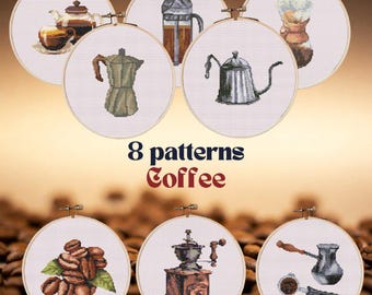 Bundle of 8 Coffee mini cross stitch pattern, Coffee cup, Coffee time, Coffee sampler cross chart, Coffee Lovers, Kitchen cross stitch