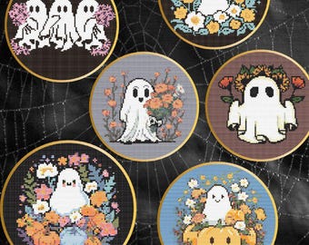 Set of 6 Halloween mini cross stitch pattern, Cute funny ghost pumpkin cross stitch, Creepy spooky goth cross chart, Fall cozy cross stitch