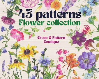 Set of 43 Wildflowers Cross Stitch Pattern, Floral nature wildflower meadow plants mini cross stitch chart, Flower embroidery designs