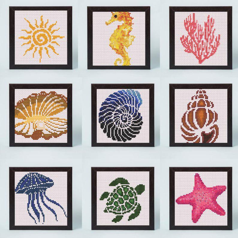 Set of 23 Sea creatures cross stitch patterns, Ocean animals cross stitch chart, Sea small tiny patterns, Whale turtle jellyfish embroidery image 4