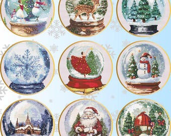 Set of 11 Christmas snow globe mini cross stitch, Christmas tree, Snowman, Santa, Snowflakes, Ballerina, Winter tiny cross stitch chart
