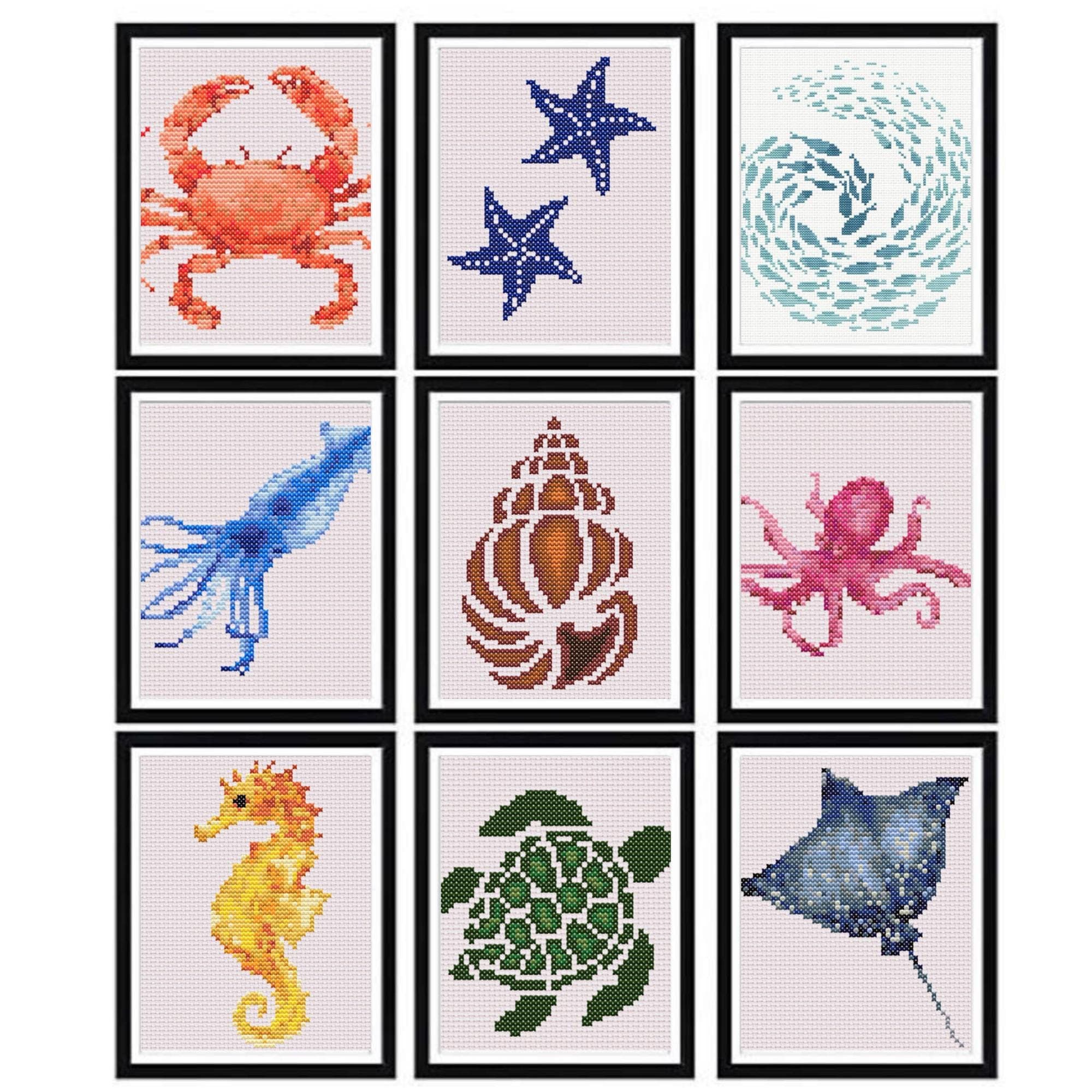 Tiny sea creatures cross stitch patterns, Ocean animals cross stitch chart, Simple easy tiny sea patterns, Octopus turtle shell embroidery
