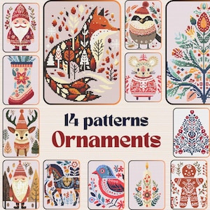 Set of 14 Christmas ornament cross stitch pattern, Christmas tree, Santa, deer, gingerbread, winter tiny cross stitch chart