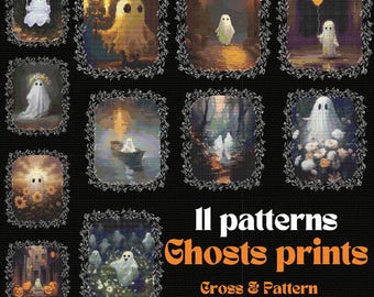 Ensemble de 11 point de croix Halloween, mignons fantômes des bois citrouilles point de croix, tableau de croix goth effrayant effrayant, point de croix confortable d'automne