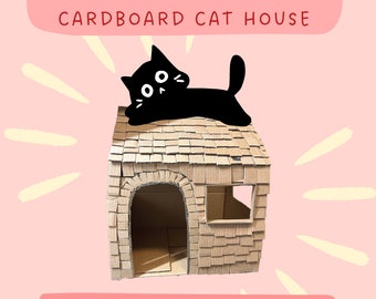 DIY Cardboard Cat House Plan - Cottage, Cardboard Cat Box, Cat Furniture, Cat Condo