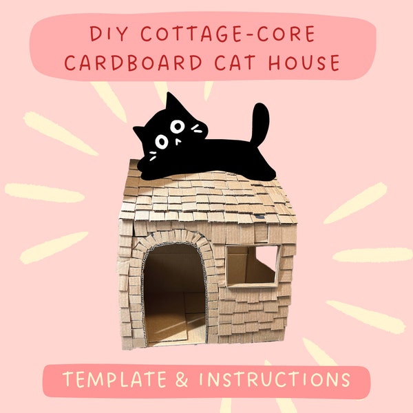 DIY Cardboard Cat House Plan - Cottage, Cardboard Cat Box, Cat Furniture, Cat Condo