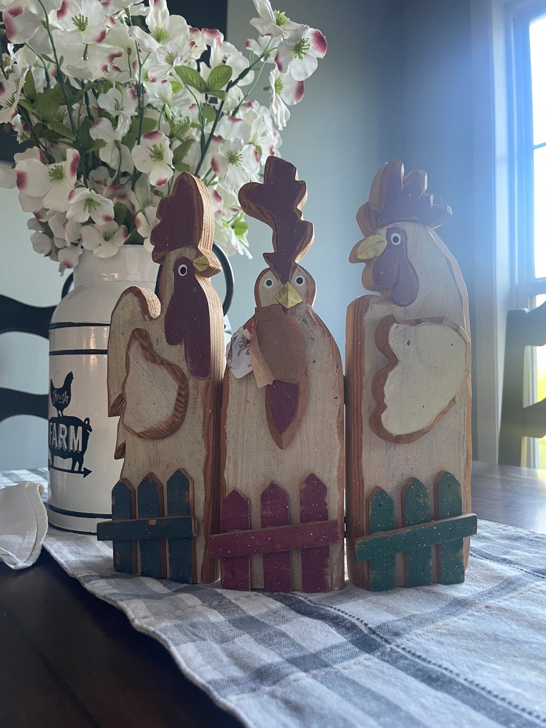 Rooster Home Decor 3 Hinged Roosters Farmhous Country Folk Art Decor