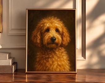 以下が含まれることがあります： 巻き毛の黄金色の犬、暗い目、黒い鼻を描いた額入り油絵。この肖像画は、柔らかく温かみのある色調で、暗く落ち着いた背景を持ち、細い金色のフレームに収められています。