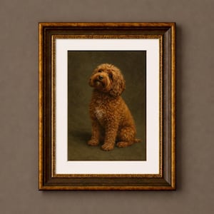 May include: A framed portrait of a dog. The dog is a medium-sized breed with reddish-brown fur, sitting and looking upwards. The frame is a dark gold color with a detailed border, and the background is a muted green.