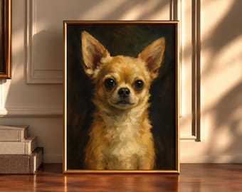 May include: A framed oil painting featuring a portrait of a tan Chihuahua with large dark eyes and pointed ears. The dog is depicted against a dark, moody background with visible brushstrokes, set within a simple gold-colored frame.