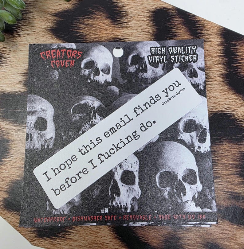 "I hope this email finds you before I fucking do." white rectangle sticker with black lettering