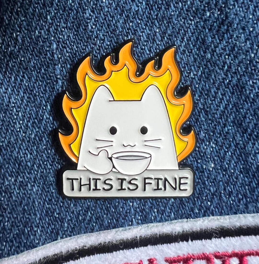 This is Fine Enamel Pin White Cat Pinback Button Dumpster Fire Dark ...