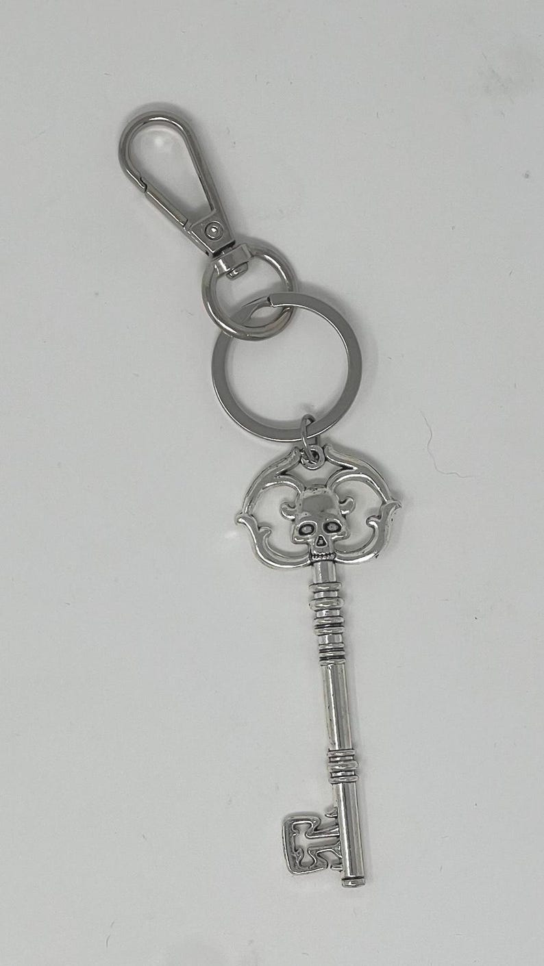May include: Silver-colored key chain with a decorative key pendant. The key features a skull design at the top and a detailed handle. The key chain includes a split ring and a lobster clasp for attachment.