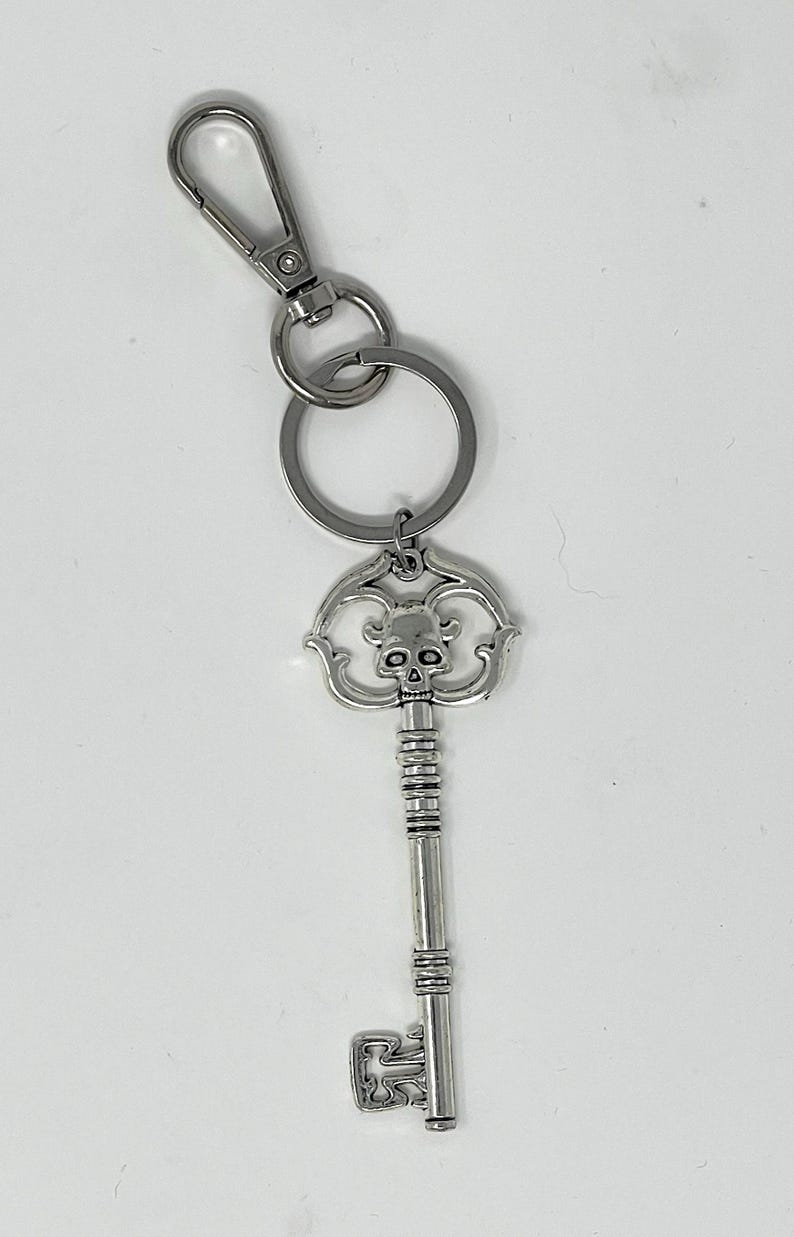 May include: Silver-colored key chain featuring a decorative key pendant with a skull design. The key has a detailed, ornate head and a long, textured stem. The key chain includes a split ring and a lobster clasp.