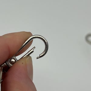May include: Close-up of a silver-colored carabiner clip. The clip is open, revealing the spring-loaded mechanism. The background is a plain white surface.