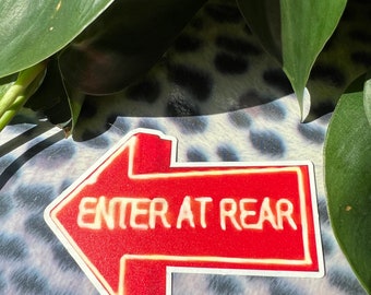 bright red arrow neon sign "enter at rear" vinyl sticker photo decal
