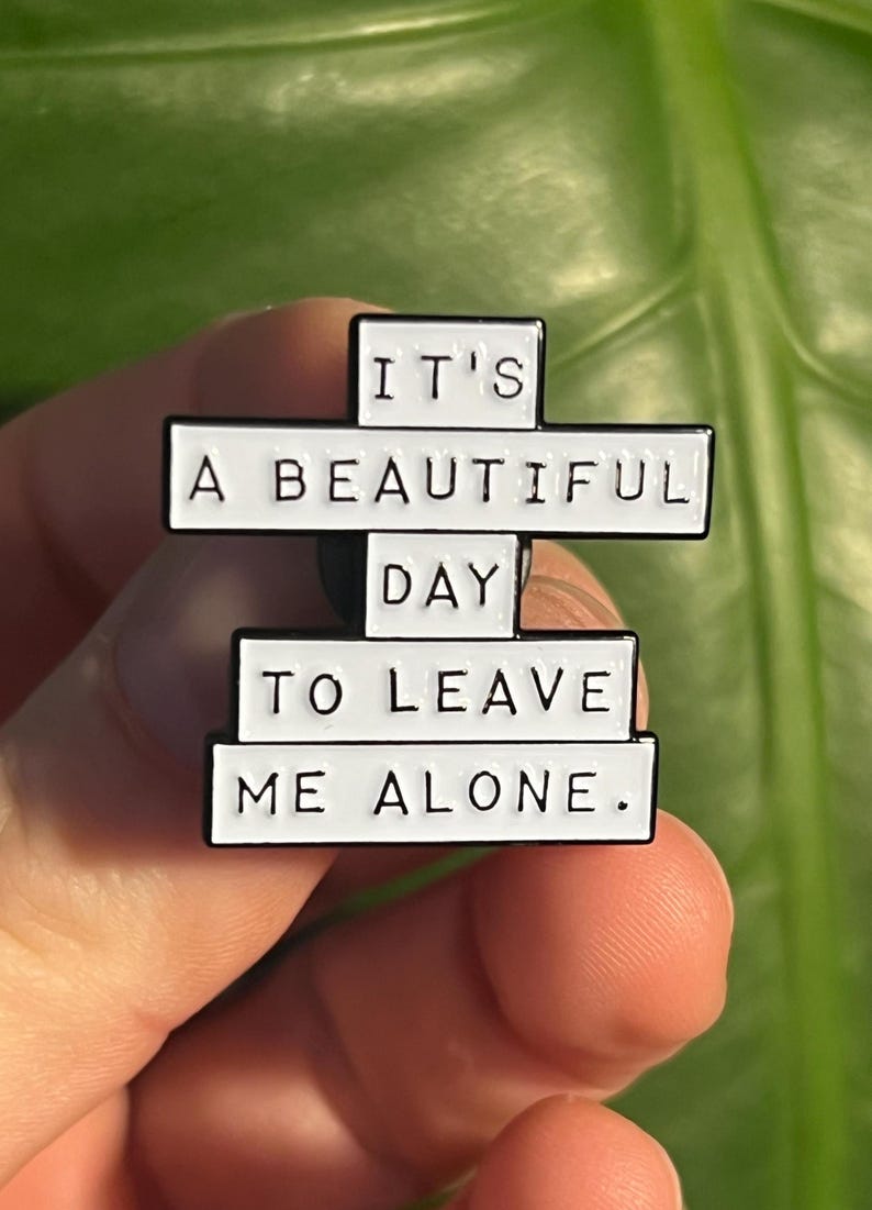 "it's a beautiful day to leave me alone." this is a soft enamel pin that is white with blacks words.