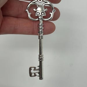 May include: Silver-colored key with a skull design on the head. The key has a decorative, ornate handle and a key ring at the top. The key's design is detailed, with a vintage or gothic aesthetic.