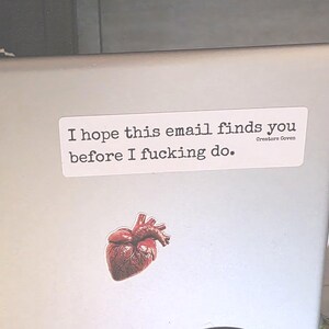 "I hope this email finds you before I fucking do." white rectangle sticker with black lettering