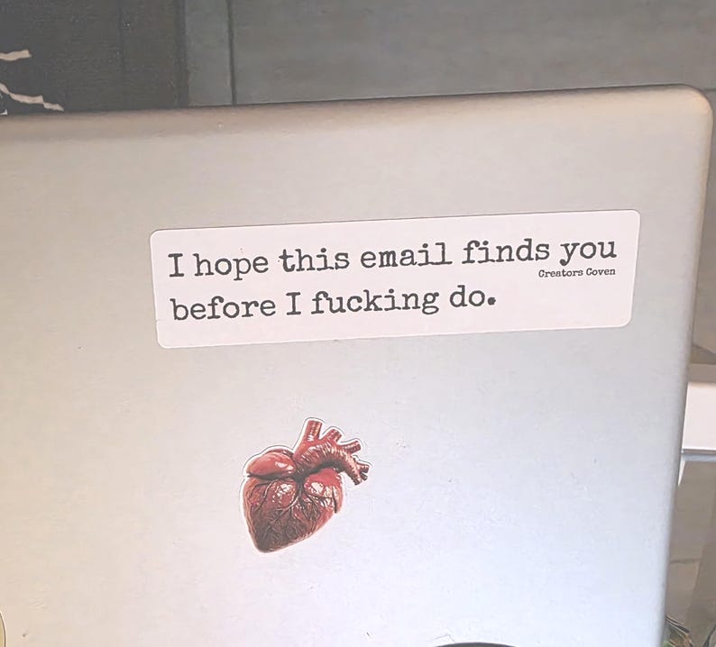 "I hope this email finds you before I fucking do." white rectangle sticker with black lettering