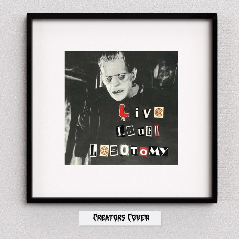 May include: Black and white photo of a man with a serious expression. The man is wearing a dark shirt and has a cut on his forehead. The text "live laugh lobotomy" is printed in red and white letters on a black background.