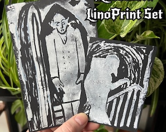 Nosferatu Linoprint Set: Gothic Horror Art Prints Goth Home Decor black and white wall art