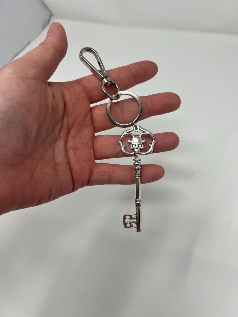 May include: Silver-colored key chain with a decorative key pendant. The key features a skull design at the top and a detailed, ornate shaft. Includes a metal clasp and a key ring for attaching to keys or a bag.