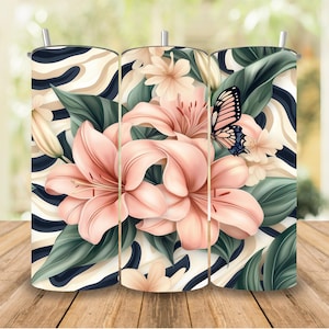 Abstract Floral Zebra Tumbler Wrap, Pink Lilies Wrap PNG, Wild African Safari Animal 20oz Tumbler Wrap Sublimation Design, Instant Download