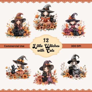 Piccole streghe acquerellate con gatti neri e fiori autunnali Clipart, carino Halloween, scrapbooking, creazione di biglietti, 12 PNG, uso commerciale