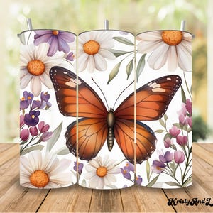 Floral Butterfly Tumbler Wrap, Spring Daisy and Violet Flowers PNG, 20oz Skinny Tumbler Wrap Sublimation Design, Instant Download