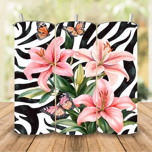 20oz Floral Zebra Tumbler Wrap, Tiger Lily Wrap PNG, Wild African Safari Animal 20oz Sublimation Tumbler Design, Instant Download