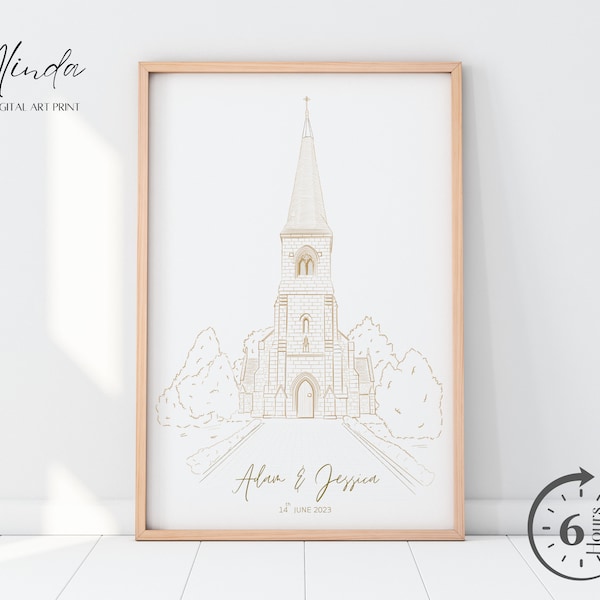 Faire-part de croquis de lieu de mariage personnalisé, croquis d'église personnalisé à partir d'une photo, croquis d'architecture personnalisé, portrait dessiné à la main, invitation de mariage