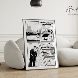 Illustration de carte d'histoire d'amour personnalisée dessinée à la main sur mesure, dessin de carte d'histoire de voyage sur mesure, cadeau d'anniversaire personnalisé, histoire 1 à 5 moments