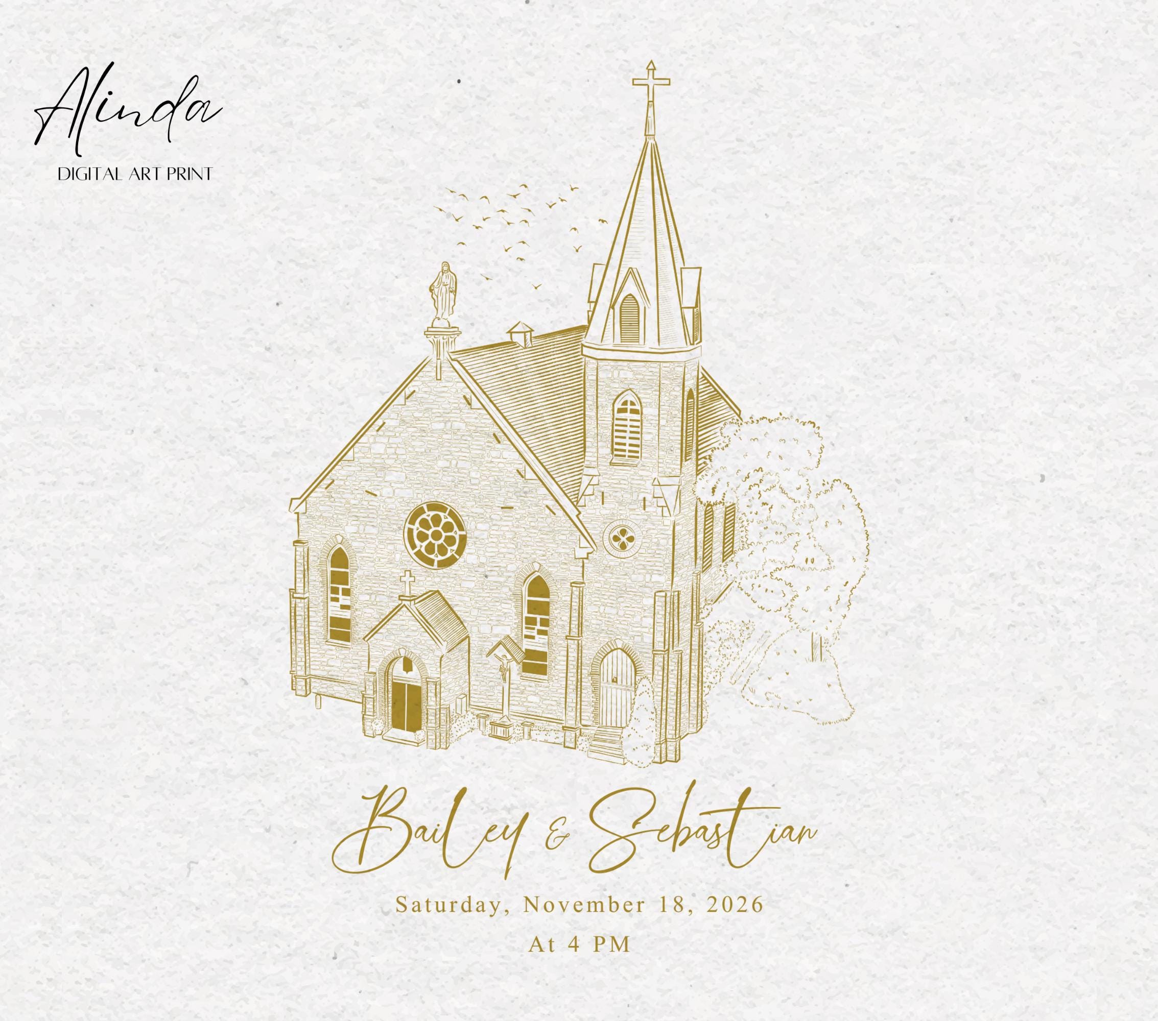 Custom Church Sketch From Photo, Personalized Wedding Venue ...