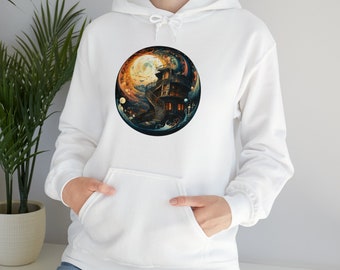 graphic hoodie shirt, cosmic hoodie unisex, universe hoodie for man, graphic hoodie for woman, spiral moon hooded shirt, unisex pullover