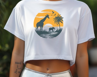 Haut court graphique safari coucher de soleil, t-shirt décontracté unisexe imprimé girafe, chemise d'été faune africaine, streetwear tendance