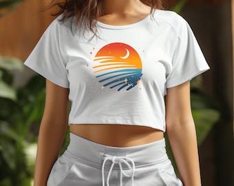 T-shirt court graphique coucher de soleil - T-shirt de plage estival décontracté - Chemise courte style rétro pour femme - Top court à la mode