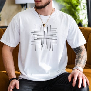 Camiseta de arte de linha abstrata – Camiseta minimalista moderna – Camisa casual de design geométrico – Streetwear urbano – Top gráfico artístico