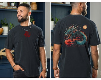 Unisex Black Dragon Graphic T-Shirt with Japanese Kanji - Mythical Creature Asian-Inspired Tee, Oriental Fire Dragon Shirt