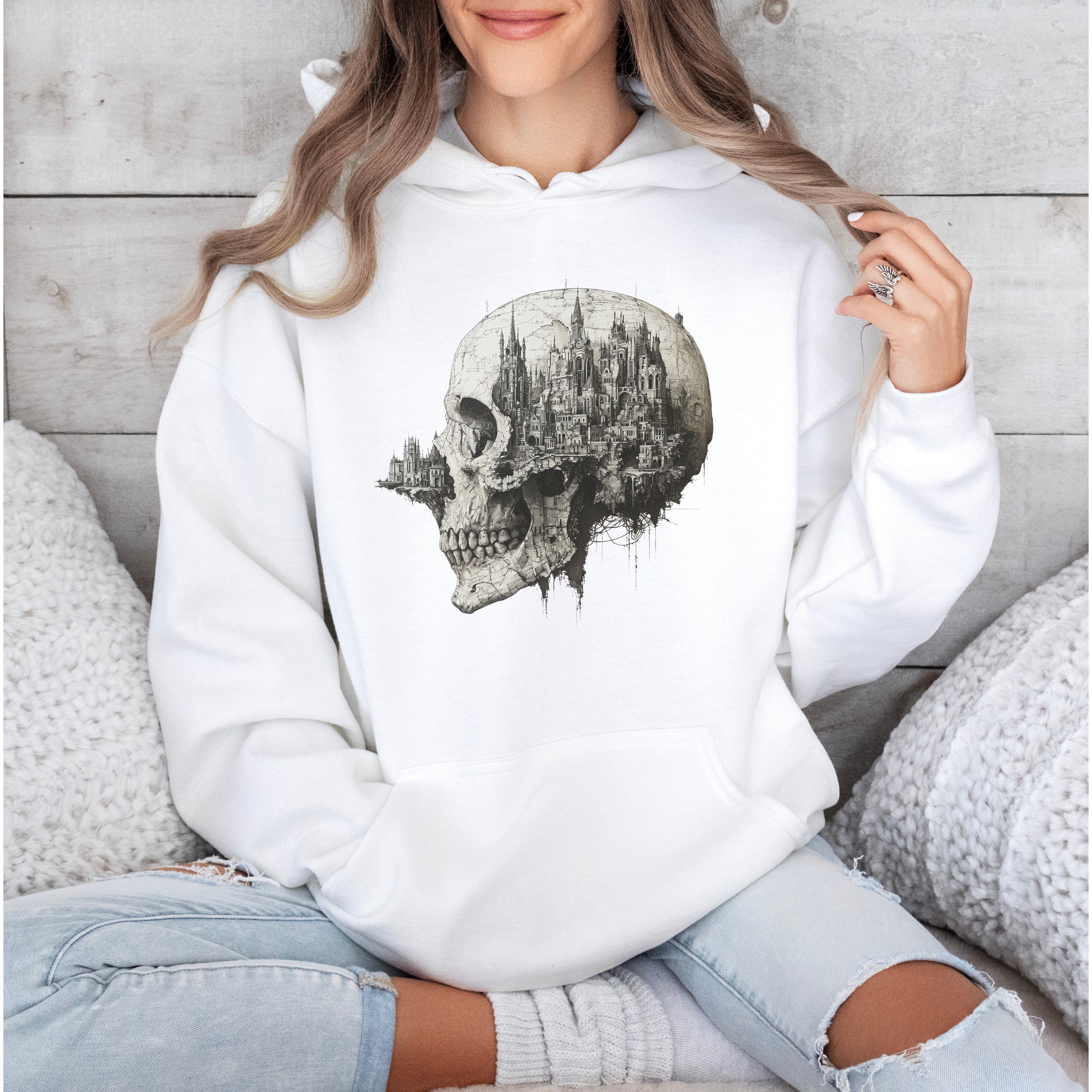 スカル グラフィック パーカー、スカル フード付きシャツ、パンク