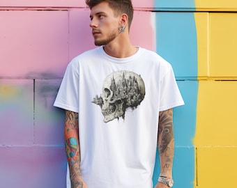 Schädel Stadt Shirt, Schädel-Liebhaber-T-Shirt, Schädel-Grafik-Shirt, Punk-Geschenk, kantiges Schädelgeschenk für sie ihn, Schädelkunst-Shirt, Stadtkunst-T-Shirt