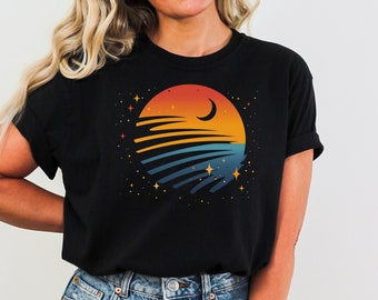 T-shirt graphique unisexe coucher de soleil, T-shirt en coton doux de style rétro, chemise décontractée esthétique, haut d'été d'inspiration vintage, cadeau pour lui et elle