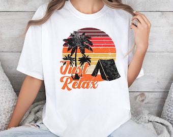 T-shirt tropical coucher de soleil, t-shirt Just Relax palmier, haut décontracté Beach Vibes, chemise graphique pour les vacances d'été, vêtements de détente