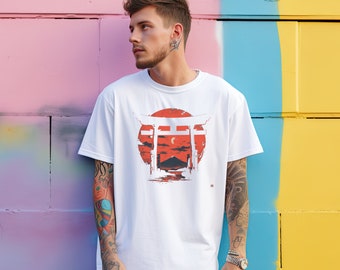 Pode incluir: Camiseta branca com uma estampa gráfica de um sol vermelho nascendo sobre uma cordilheira montanhosa com um portão torii japonês tradicional na frente. O gráfico é de estilo minimalista com um contorno branco.