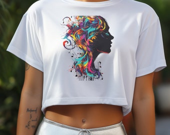 Recadrage d'art graphique musical, cadeau pour elle, haut court pour mélomanes, chemise courte pour passionné de musique, haut court graphique femme musique